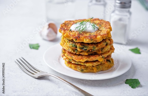 Foto Corn fritters wih cream sauce in a plate