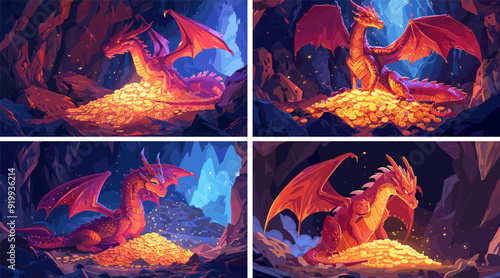 Dragon guarding golden hoard cartoon vector scenes. Rock wings thorns stones flame spewing cavern pile coins treasure magic reptile currency jewels mythical serpent vault, medieval sentinel concepts