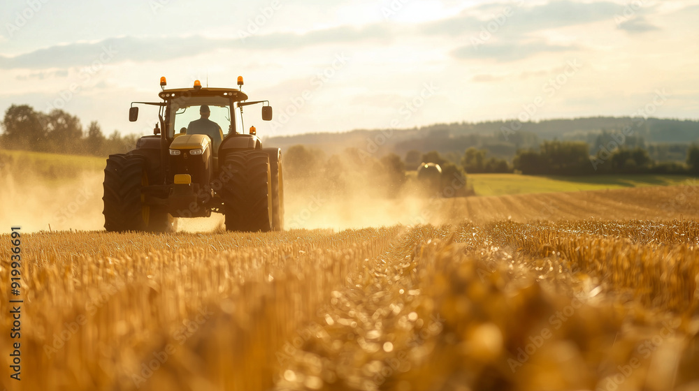 Fototapeta premium Tractor operating in the sunny fields, showcasing the farming industry in action during a summer day. Perfect for illustrating rural countryside work, crop harvesting, and agricult