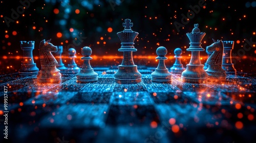 A digital chessboard with holographic pieces symbolizing AI in business strategy. photo