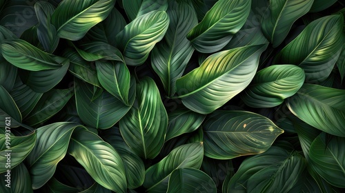 Tropical leaf background with green textured Spathiphyllum cannifolium foliage.