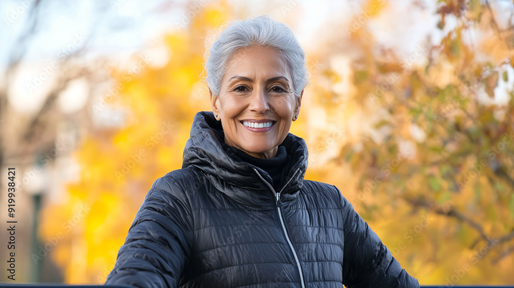 An elderly woman with gray hair, dressed in a warm jacket, is exercising on bars in a city park on a crisp autumn morning. She smiles warmly at the camera, embodying active aging a An elderly woman with gray hair, dressed in a warm jacket, is exercising on bars in a city park on a crisp autumn morning. She smiles warmly at the camera, embodying active aging a