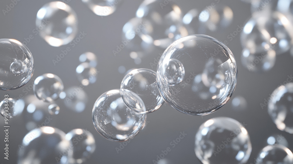 Transparent bubbles float in a 3D space. They collide and bounce off each other against a gray background. Transparent bubbles float in a 3D space. They collide and bounce off each other against a gray background.