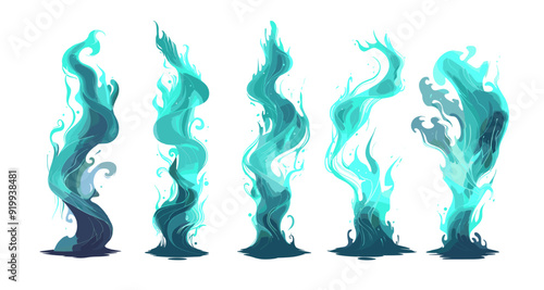Emerald vfx fire tornado cartoon vector set. Green flames swirls pure energy curls neon wind funnel power smoke air motions illustration isolated on white background