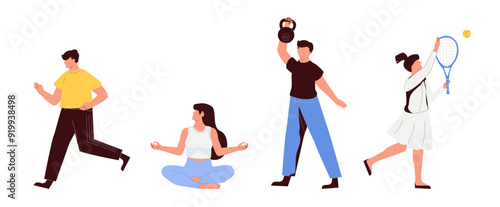 Collection of cute funny men and women performing various sports activities. Bundle of happy training or exercising