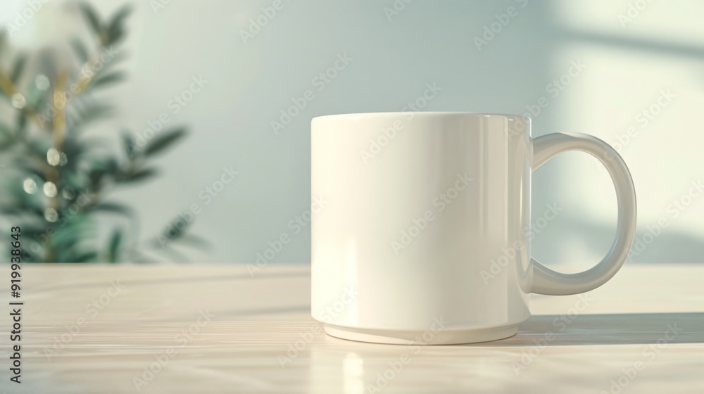 White Mug on Wooden Table with Blurred Green Plant Background White Mug on Wooden Table with Blurred Green Plant Background