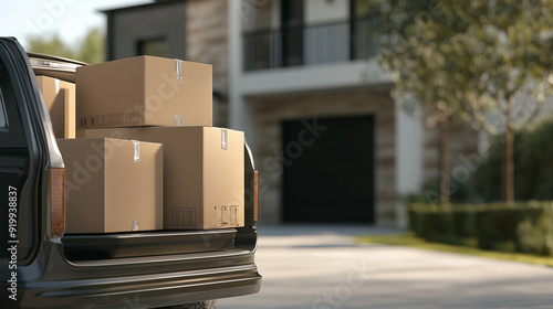 Relocation scene featuring an SUV packed with cardboard boxes and furniture, parked in front of a luxurious home. This image highlights the moving process and outdoor packing, perf photo