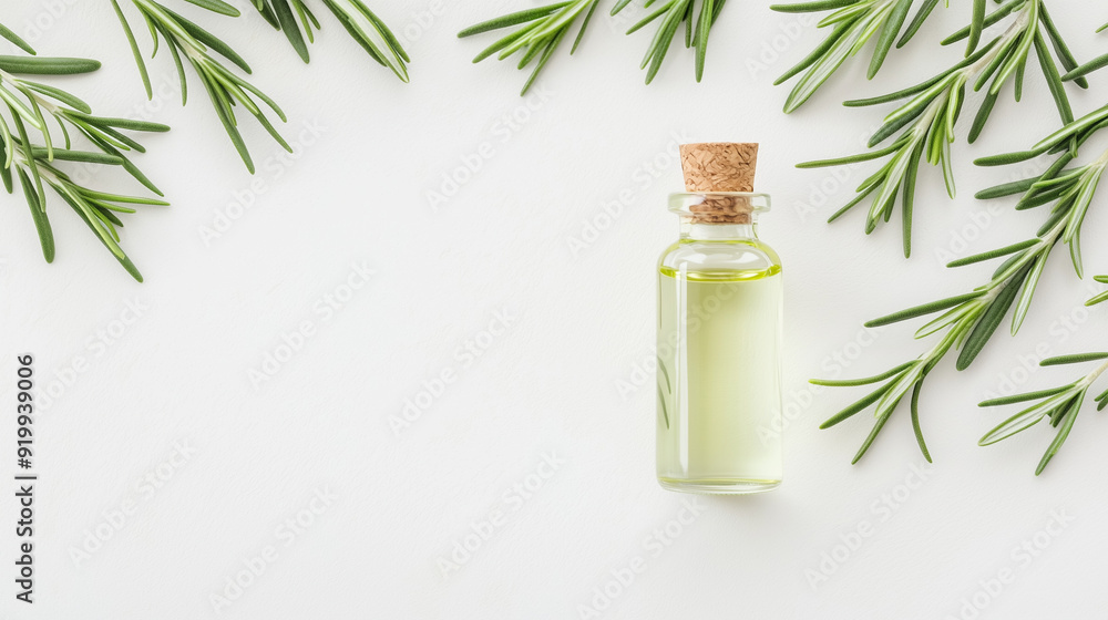 Overhead shot of rosemary essential oil in a glass bottle alongside green rosemary sprigs. Perfect for illustrating aromatherapy, natural health remedies, and relaxation concepts. Overhead shot of rosemary essential oil in a glass bottle alongside green rosemary sprigs. Perfect for illustrating aromatherapy, natural health remedies, and relaxation concepts.