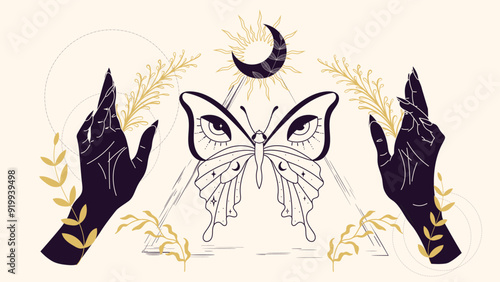 silhouette of hands holding sun, moon, branch. butterfly with eyes shape on wings in center. esoteric poster