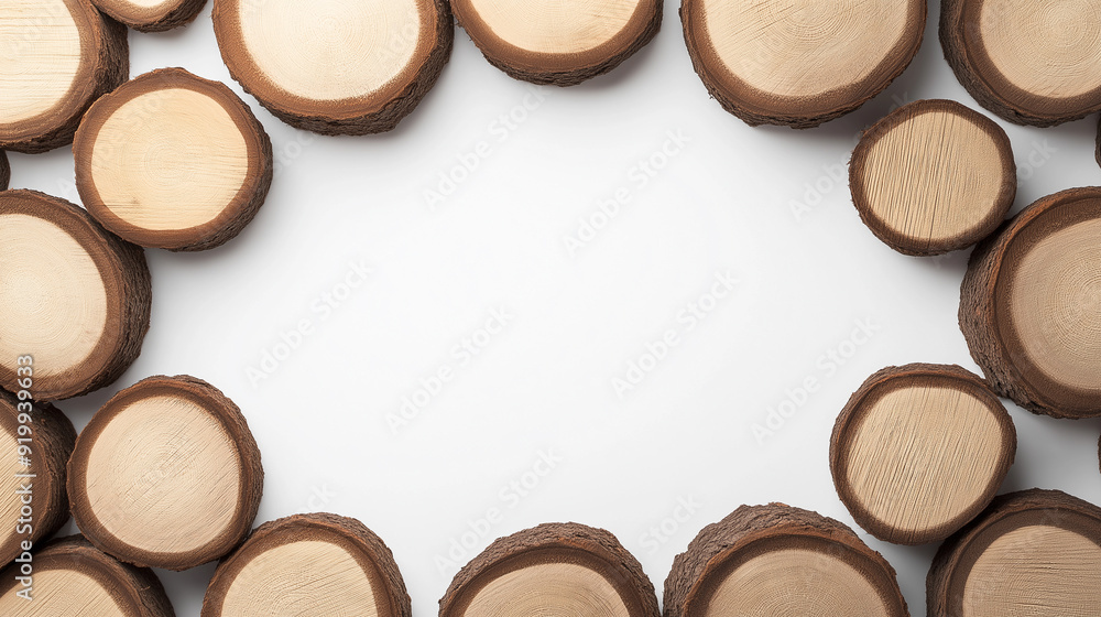 Close-up of wood slices arranged in circular pattern on white background, highlighting natural textures, rustic design, and eco-friendly decor elements. Close-up of wood slices arranged in circular pattern on white background, highlighting natural textures, rustic design, and eco-friendly decor elements.