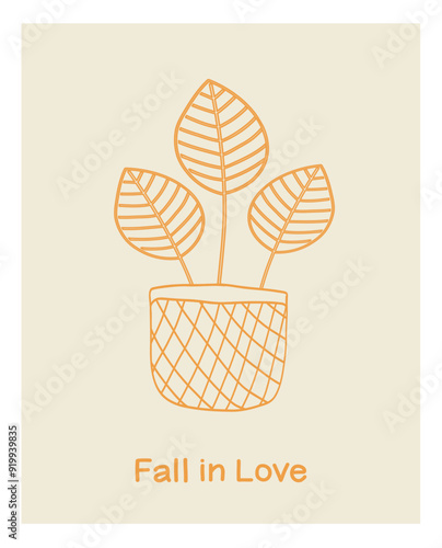 Autumn-themed illustration featuring a potted plant with leaves, conveying a message about love