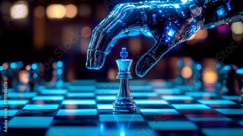 A digital chessboard with holographic pieces symbolizing AI in business strategy.