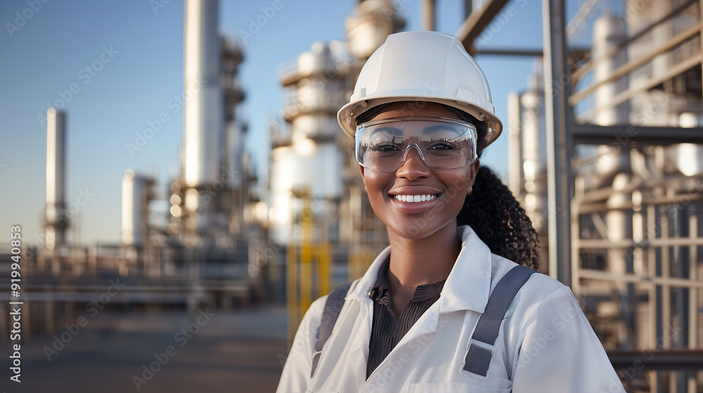 Smiling young woman engineer in a hard hat and protective glasses, standing in front of an industrial factory. The image highlights her role as a job site supervisor and her profes Smiling young woman engineer in a hard hat and protective glasses, standing in front of an industrial factory. The image highlights her role as a job site supervisor and her profes