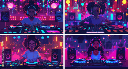 Female dj cartoon vector scenes. Dark skinned woman headsets listening vinyls audio music device amplifier loudspeakers neon lights remote control character, grooving event nightclub illustrations