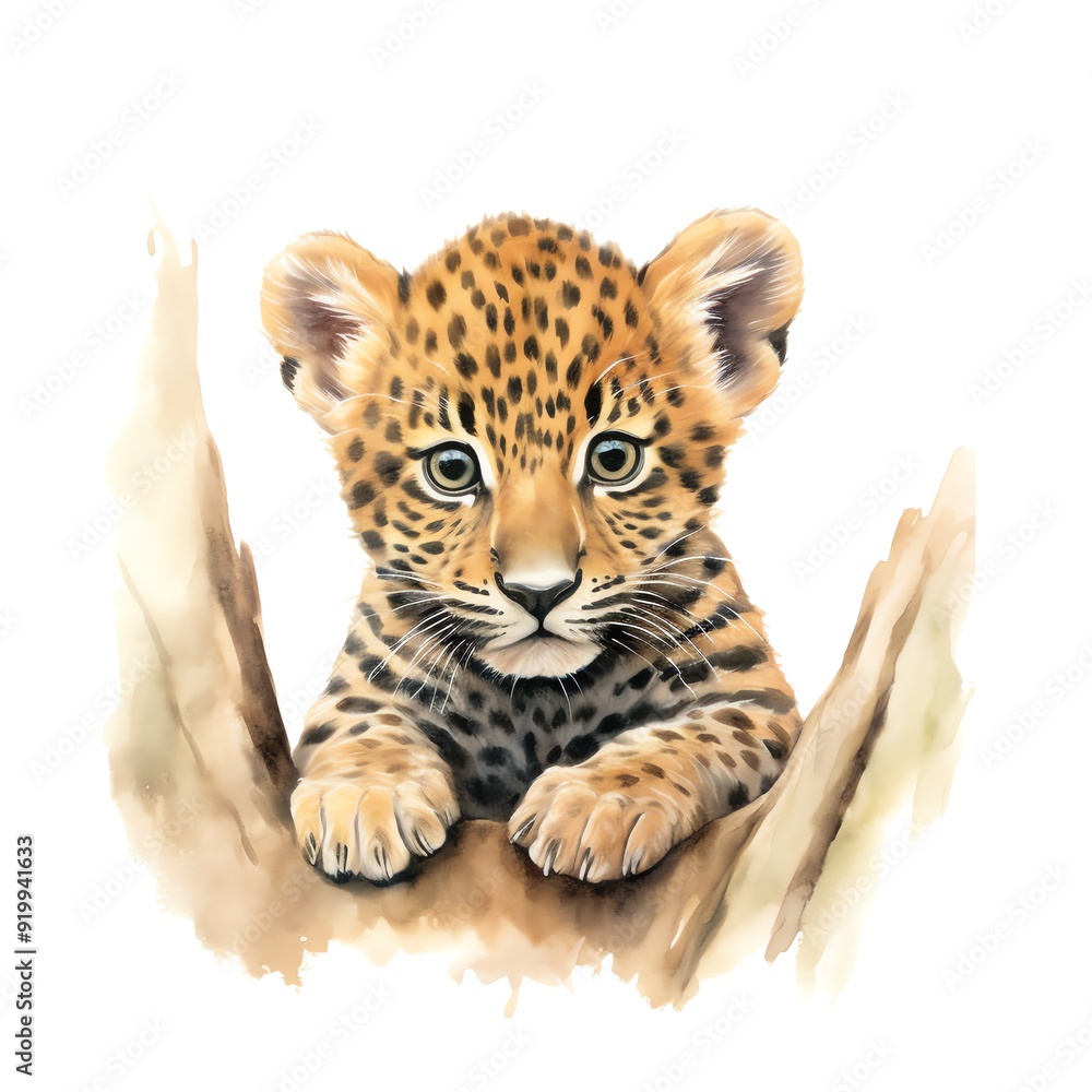 Obraz premium Safari Jaguar watercolor illustration, safari animals clipart