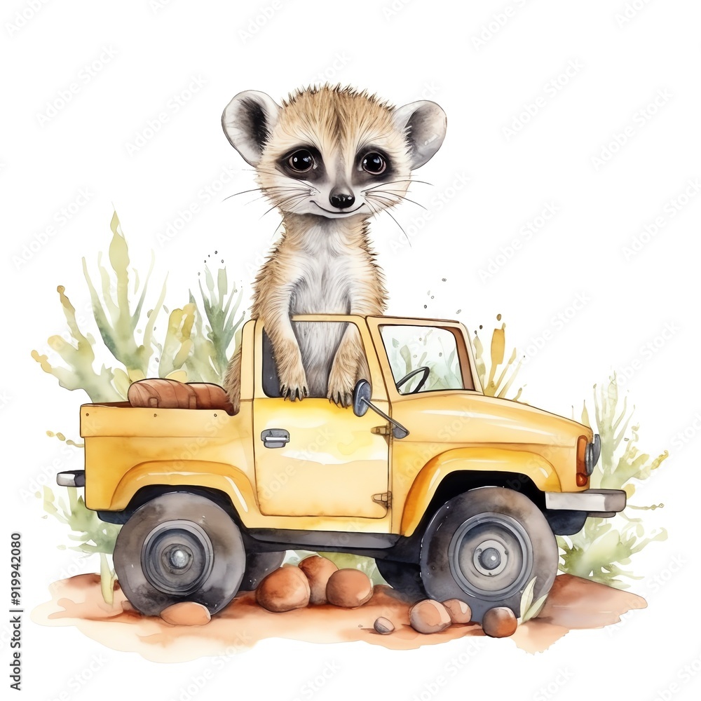 Fototapeta Safari Meerkat watercolor illustration, safari animals clipart