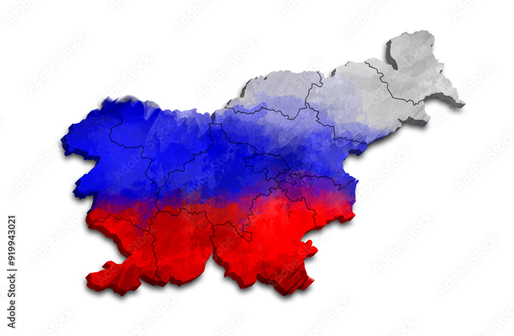 Naklejka premium SLOVENIA MAP WITH ITS PROVINCES AND POLITICAL ADMINISTRATIVE DIVISIONS WITH FLAG WATERCOLOR STYLE