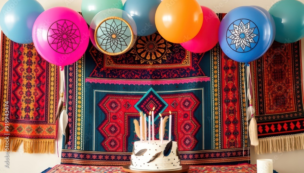 Fototapeta premium Bohemian Birthday Party Decor with Cake and Balloons.