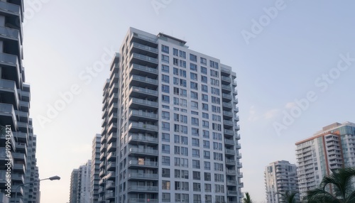 Modern Apartment Building with Balconies.