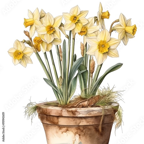 Wallpaper Mural Spring daffodils in pot watercolor illustration, spring clipart Torontodigital.ca