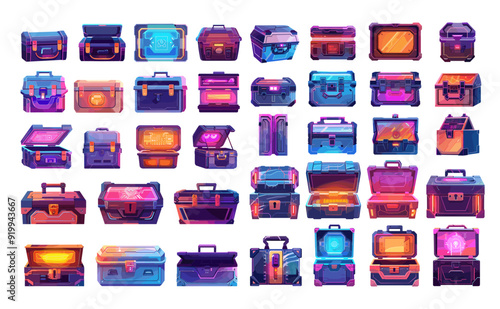 Gaming prize crates cartoon vector collection. Chest bounty accomplishment accolade victor reward digital trophy loot sci fi achievement, artworks isolated on white backdrop