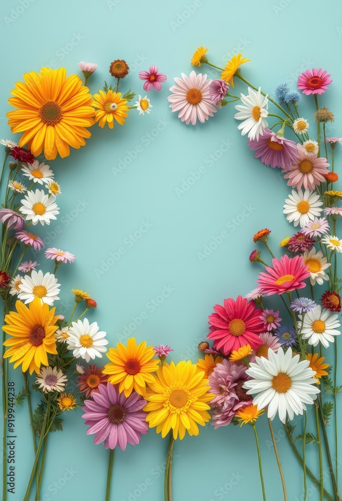 Colorful Flowers Frame on Blue Background. Colorful Flowers Frame on Blue Background.