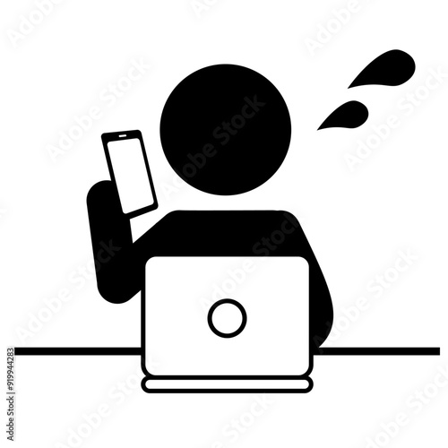 パソコンで仕事しながら電話する忙しい人のピクトグラム