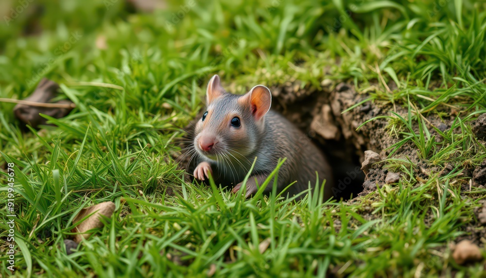 Curious Mouse Peeking Out of Hole in Green Grass. Curious Mouse Peeking Out of Hole in Green Grass.