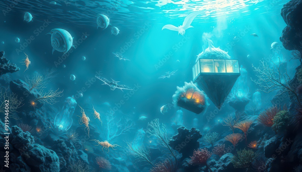 Fototapeta premium Underwater Cityscape with Bioluminescent Flora and Fauna.