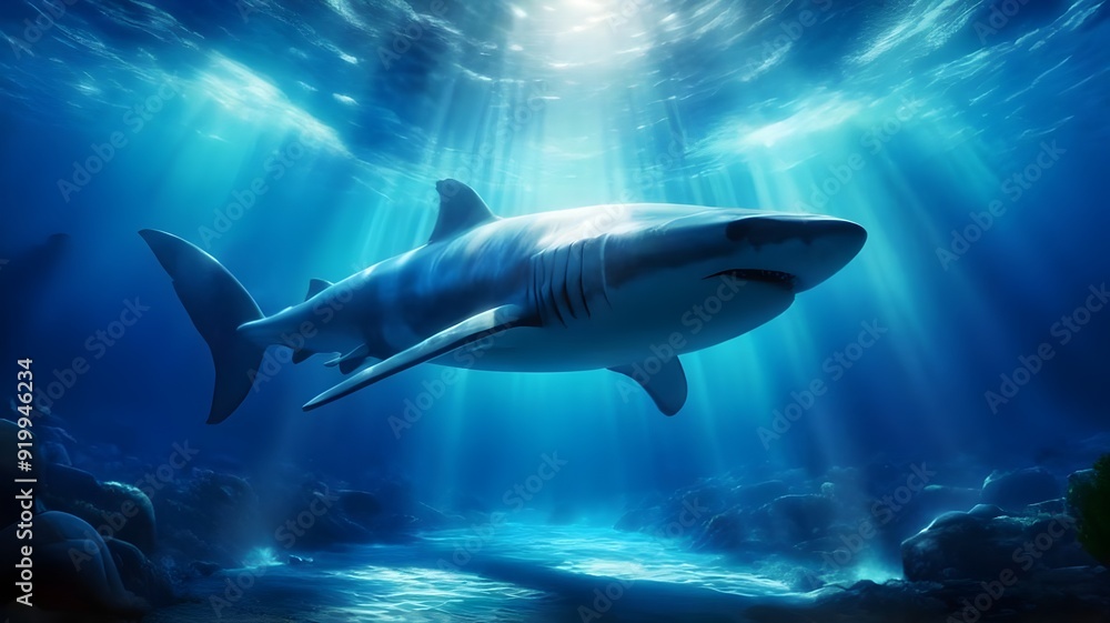 Fototapeta premium detailed view of a large shark deep in the ocean