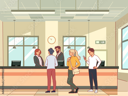 Queue at bank. Business interior with office workers, clients standing in row, people waiting for their turn, financial investments service, cartoon flat style isolated vector concept