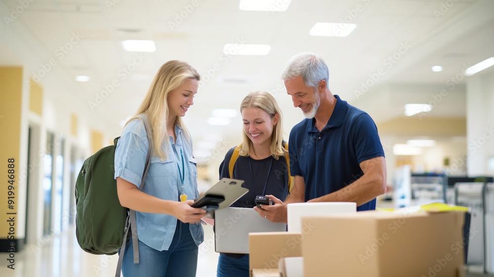 Obraz premium College preparation shopping, where parents assist their college-aged children in selecting furniture, gadgets, and supplies for their dorm rooms, the scene captures the mix of emo