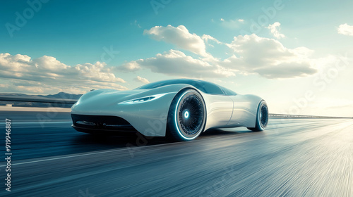 A sleek white futuristic sports car driving fast on an open road under a bright blue sky with clouds.