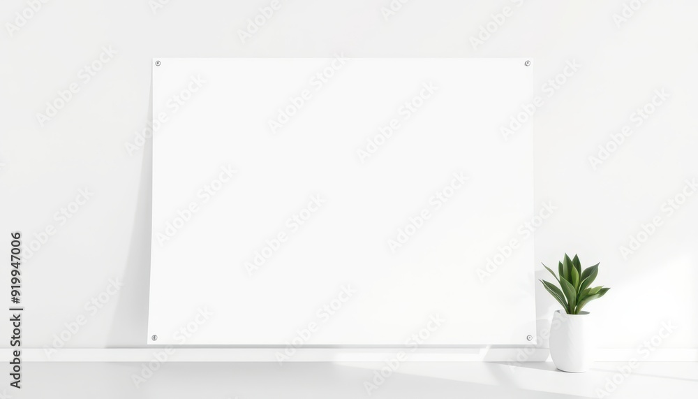 White Poster Mockup with Plant on Shelf. White Poster Mockup with Plant on Shelf.