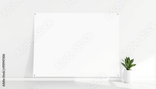 White Poster Mockup with Plant on Shelf.