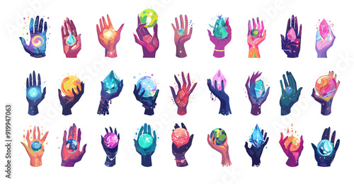 Hands holding magical energy balls cartoon vector set. Wrist fingers catch fantastic shard crystals sparkles stars fortune telling conjure ritual evil witchcraft sorcery accessories isolated art