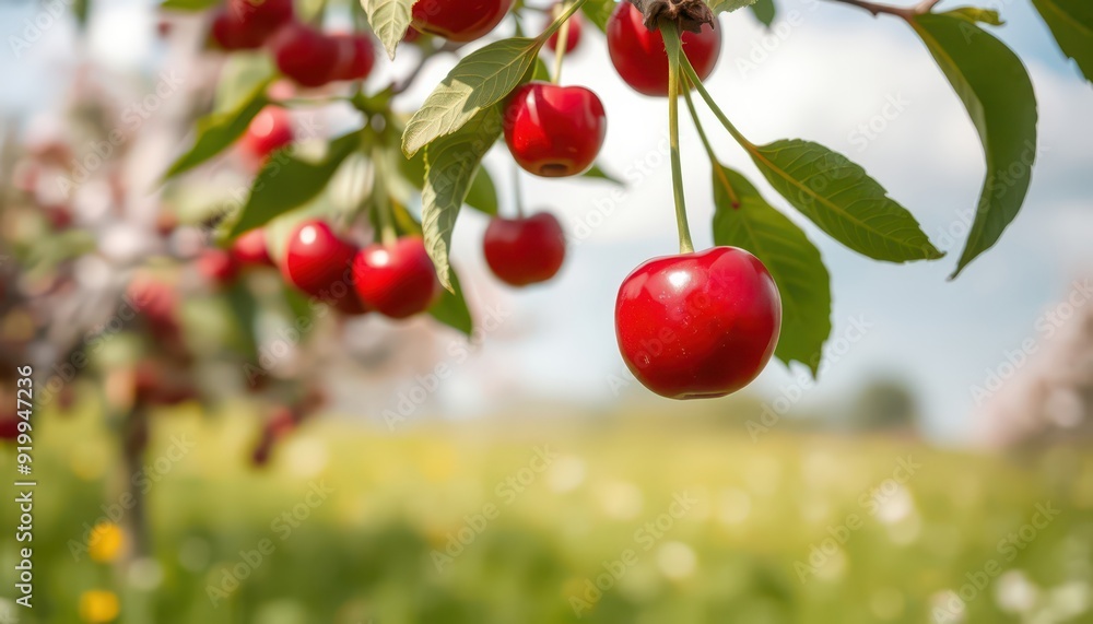 Obraz premium Red Cherry on a Branch.