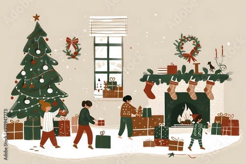 Children gathered around a Christmas tree with gifts.