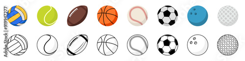 Sports balls icon set. Sport equipment set. Flat and linear style.