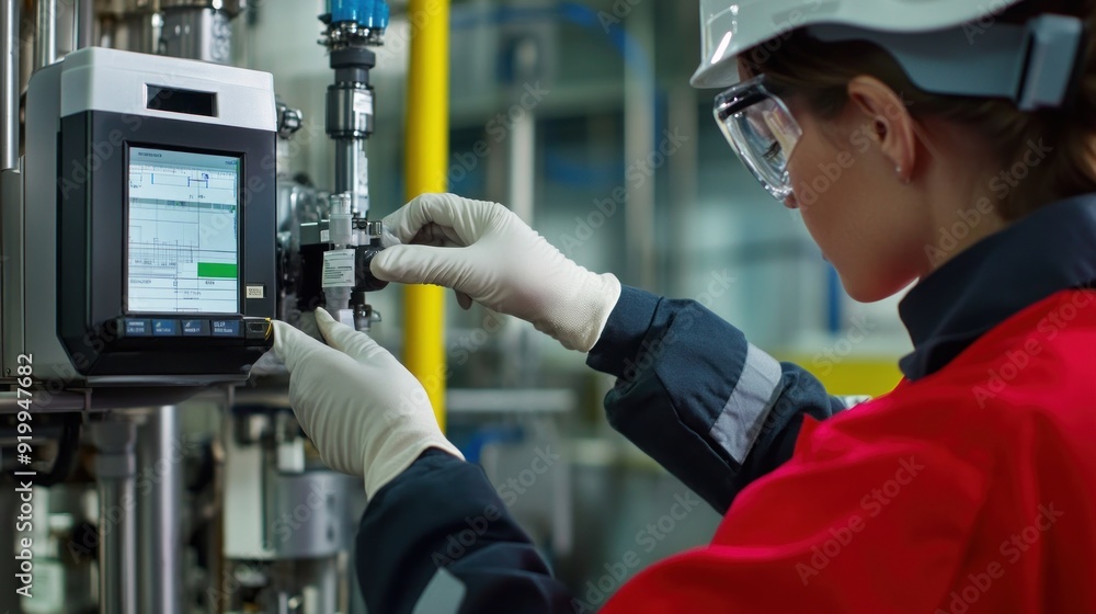 Generate a photo realistic image of technicians calibrating safety equipment, such as gas detectors, radiation monitors, and environmental monitoring devices; ensure the image is of high resolution Generate a photo realistic image of technicians calibrating safety equipment, such as gas detectors, radiation monitors, and environmental monitoring devices; ensure the image is of high resolution