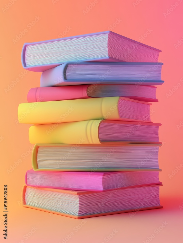 A vibrant stack of colorful books arranged in a hyper-realistic 3D illustration on a gradient background