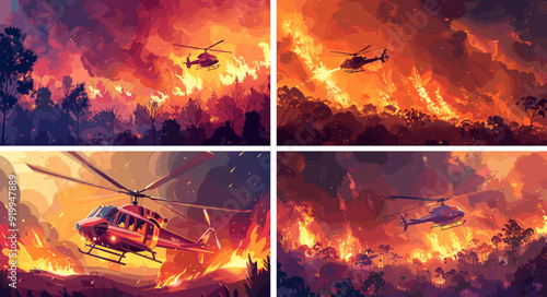 Helicopter dowsing woodland blaze cartoon vector scenes. Fireman forest flame smoke burning raging inferno embers scorch aircraft rescue fleeing mission heroic relief concepts