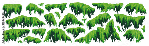 Green swamp moss. Hanging and creeping jungle plants, rainy forest and marsh flora, natural rocks lichen, game rainforest landscape elements, cartoon flat style isolated tidy vector set