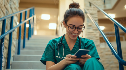 A young female medical professional in scrubs, sitting on stairs and smiling while looking at her phone.