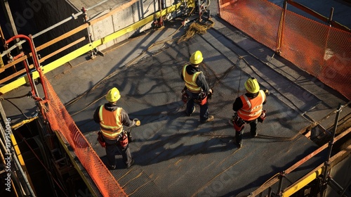 Fototapeta Naklejka Na Ścianę i Meble -  Generate a photo realistic image of workers deploying safety equipment such as guardrails, safety nets, and fall protection systems at a construction site; ensure the image is of high resolution 