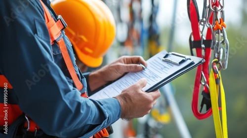 Generate a photo realistic image of a technician inspecting safety equipment such as harnesses and helmets, with detailed inspection tools and safety checklist in hand photo