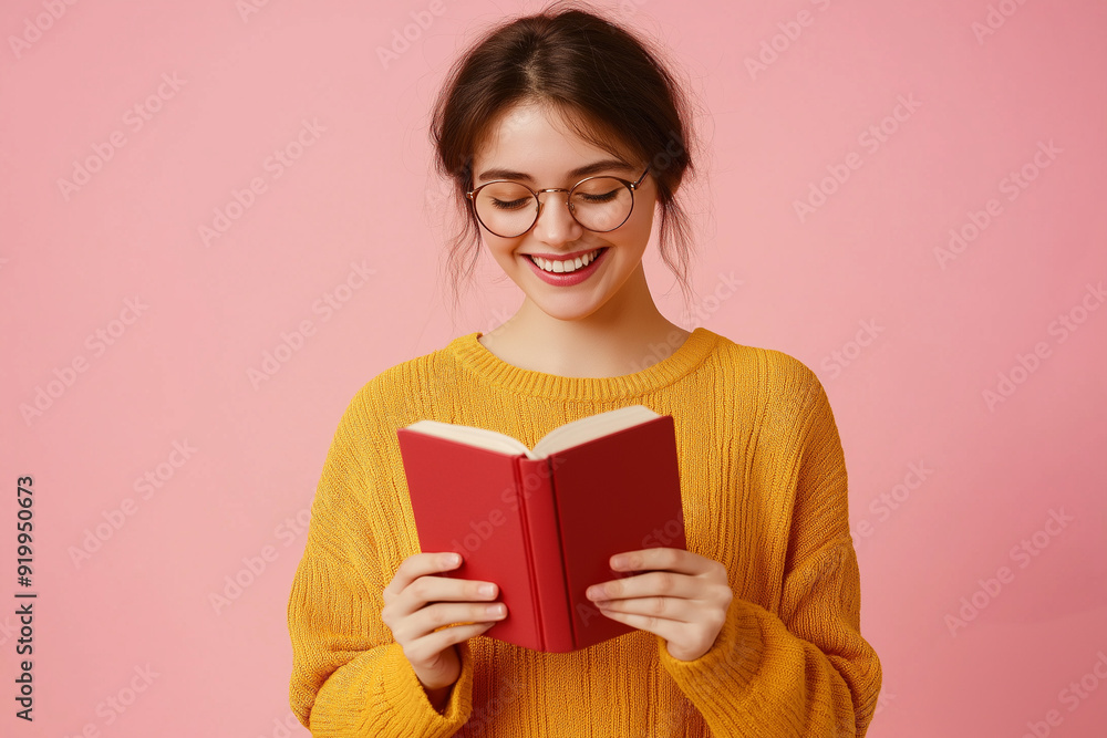 Smiling young woman reading a red book, dressed in yellow sweater with pink background, emphasizing joy of learning, education, and casual reading. Smiling young woman reading a red book, dressed in yellow sweater with pink background, emphasizing joy of learning, education, and casual reading.