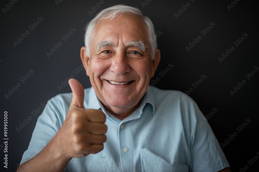 Smiling elderly man with white hair and blue shirt giving a thumbs up against a dark background, symbolizing approval or agreement. Smiling elderly man with white hair and blue shirt giving a thumbs up against a dark background, symbolizing approval or agreement.