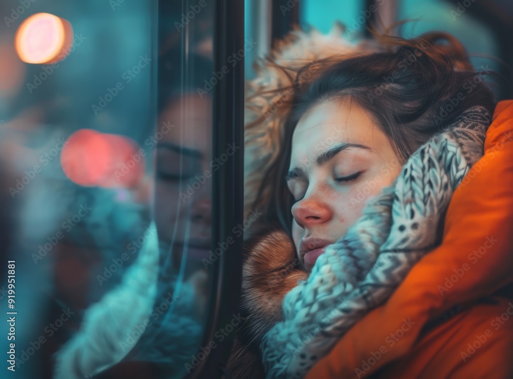 Young woman sleeping in the bus, exhausted after a long day in the city Young woman sleeping in the bus, exhausted after a long day in the city