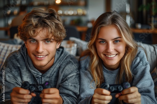 Young couple playing a vide...